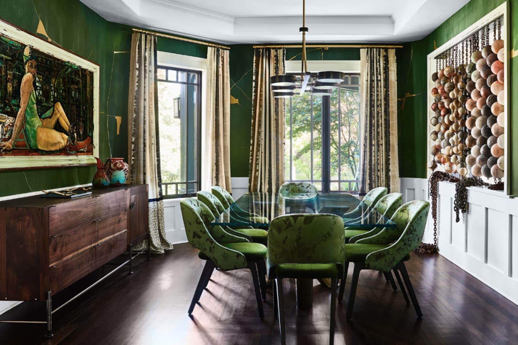 Gorgeous Dining Room With Green Table